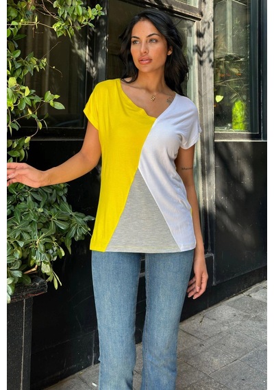 Beyaz Sarı Penye Basic Bluz Beyaz
