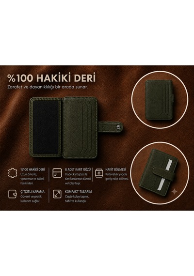 Aldorya %100 Hakiki Deri Erkek Cüzdan Kartlık 8 Kart Gözü, Çıtçıtlı, Nakit Bölmeli, Kompakt Koyu Yeşil