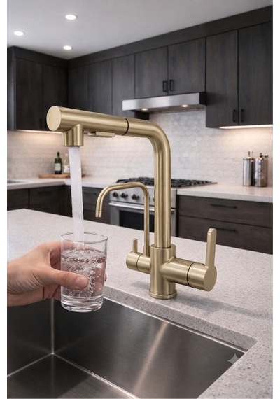 Rena Design Mat Gold Aritmali Spiralli 2 Modlu Başlik L Boru Mutfak Evye Bataryasi Altin Prinç Armatür Musluk