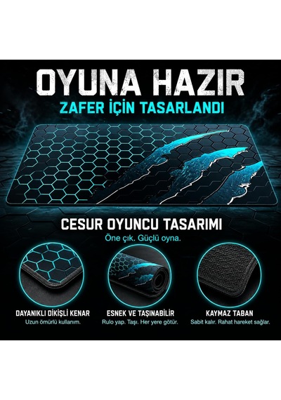 90x40 Cm Mouse Pad, Turkuaz Pençe Hexagon Desenli Büyük Mouse Pad, Kaymaz Kauçuk Tabanlı, Dikişli Kenarlı 3 Mm Klavye Ve Mouse Altlığı, Gaming Desk Mat