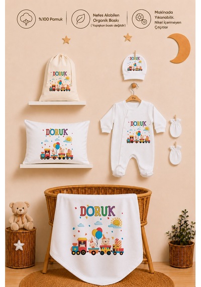 Pia Baby İsme Özel Hastane Çıkışı %100 Pamuk Erkek Bebek Organik Baskılı Tulum Set Keseli Hediyelik 2050tybkyx Krem