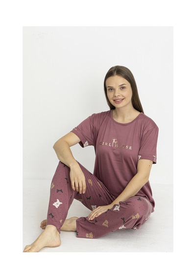 Estiva Kadın Ayıcık Alt Desenli Kısa Kollu Soft Pijama Takımı Pudra