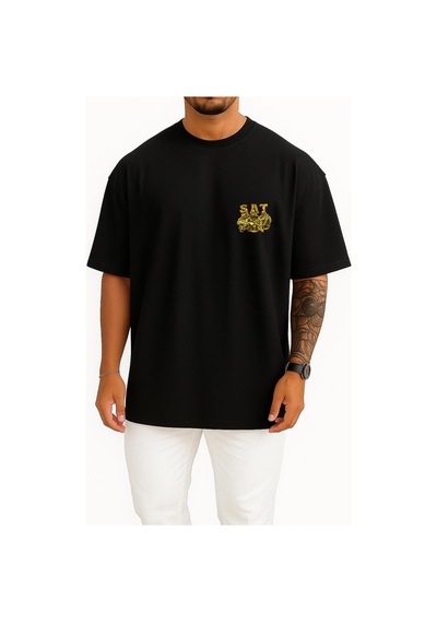 Bahriyeli Collection Oversize Effective Sat Cep Ve Sırt Baskılı Unisex T-shirt Siyah