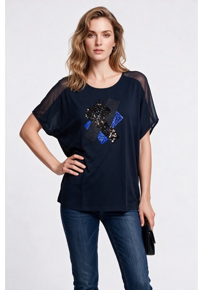 Daido Daıdo Kadın Bisiklet Yaka Payet İşlemeli Tül Detaylı Dökümlü T-shirt Siyah