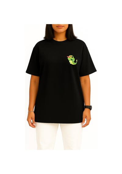 Bahriyeli Collection Oversize Caterpie Cep Baskılı Unisex T-shirt Siyah