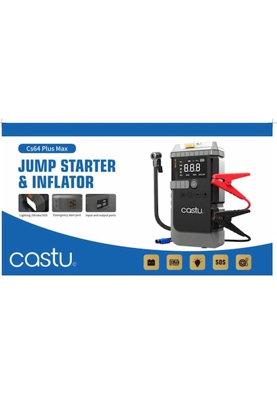 Castu Cs64plus Max Jump Starter Akü Takviye Cihazı 4'ü 1 Arada Powerbank, Hava Kompresörü, Lcd Ekran,12.000mah
