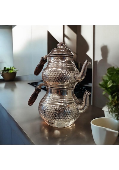 Bakır Çaydanlık & Bakır Demlik El Yapımı Zımba Desenli Gümüş Renk Gümüş