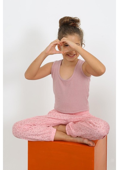 Akbeniz Kız Çocuk Sıfır Kol Gül Kurusu Penye Pijama Takım 20433 Gülkurusu