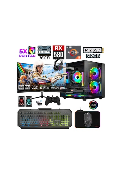 Xaser River X50 R5-5500 16 GB 512 GB M.2 Nvme SSD 8 GB RX580 23.8" Free Dos Masaüstü Oyuncu Bilgisayarı