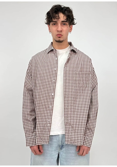 Zaee 404 Baskılı Kareli Oversize Gömlek kahverengi