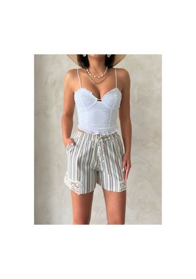 Verymoda Paça Dantelli Çizgili Şort I Vmd2393 Haki