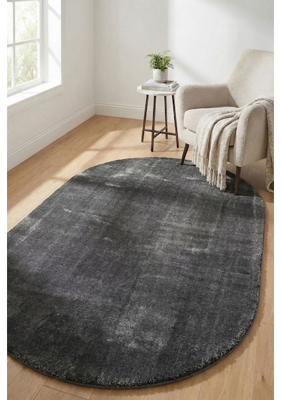 Oval Puffy Yumuşak Peluş Halı , Kaymaz, Yıkanabilir, Antre, Hol, Mutfak, Makyaj Masası Önü Halısı Antrasit