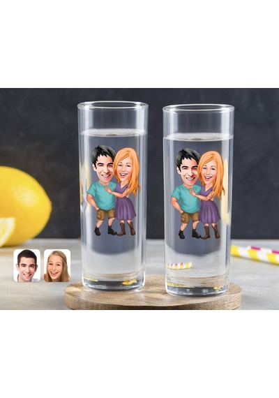 Kişiye Özel Renkli Baskılı Sevgililer Karikatürlü İkili Vodka Bardağı-80 Çok Renkli