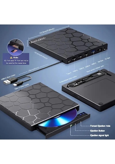 Valkyrie 8in1 Harici Cd Dvd Okuma Yazma Usb 3.0 Hub Çok Amaçlı External Drive Tf Sd Kart Okuyucu