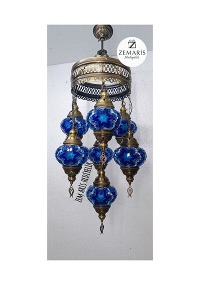 El Yapımı Otantik Mozaik 7 Li Avize Tavan Lambası Dekoratif Mavi - 786499679 Mavi