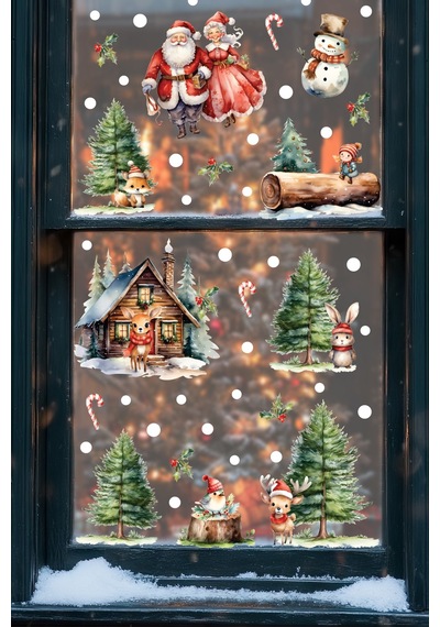 Santa & Kış Masalı Çift Taraflı Cam Sticker Seti Büyük Boy Figürlü Yılbaşı Dekoru Dijital Baskı