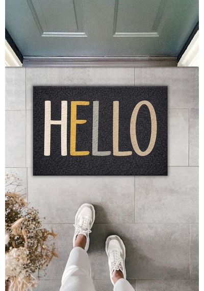 Rugmood Modern Dijital Baskı Paspas - Hello Yazılı Koyu Premium Tasarım- Kapı Önü Paspası Çok Renkli