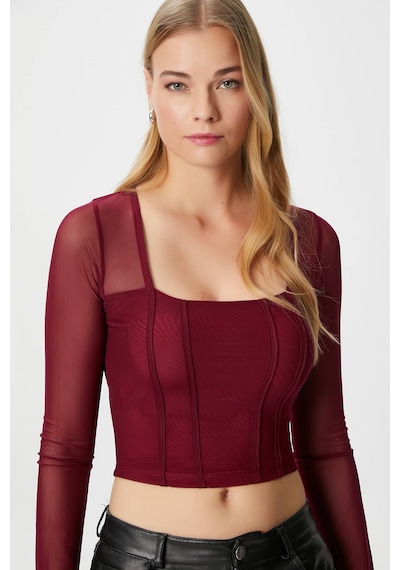 Ritnice Kadın Alina Korse Görünümlü Bordo Tül Crop Bluz Bordo