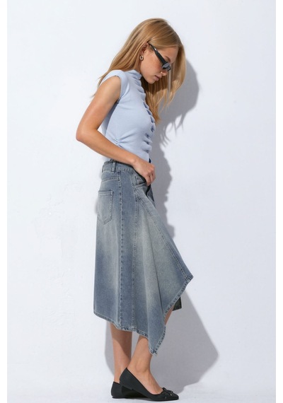 Hiccup Asimetrik Yıkama Efektli Midi Denim Etek Orta Mavi Denim