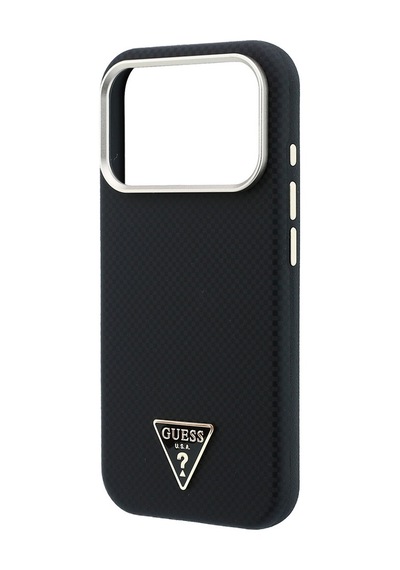 Apple iPhone Uyumlu 18 Pro Kılıf Guess Lisanslı M-safeli Pu Metal Üçgen Logolu Karbon Fiber Kevlar Kapak Siyah