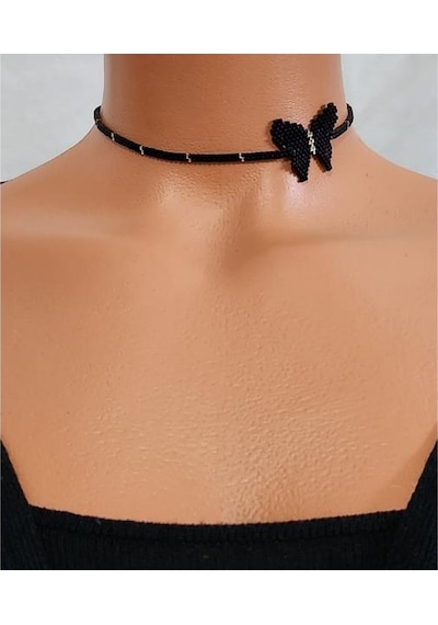Harmel Jewelry Miyuki Siyah Kelebek Choker Kolye Siyah