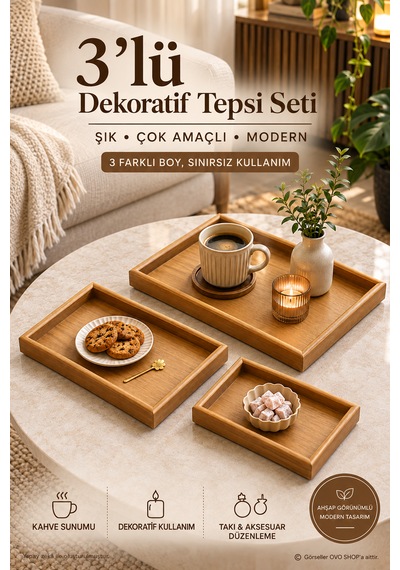 Bambu Tepsi 3'lü Set - Sunum Ve Dekoratif Tepsi Kahverengi