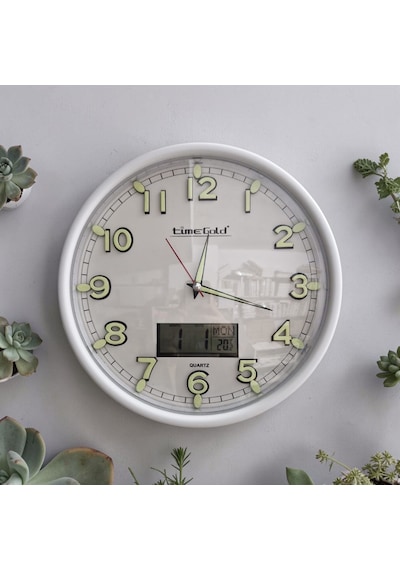 Fosforlu Termometreli Isı Ölçer Dijitalli Kabartma Rakam Çap 28 Cm Beyaz Duvar Saati