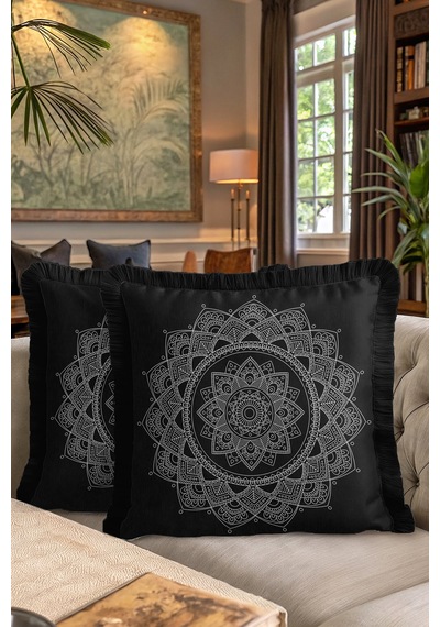 Mandala Sanatı Saçaklı Yastık Kılıfı - Siyah Bohem Stil Beyaz Motifli Püsküllü Kırlent Kılıfı Çok Renkli