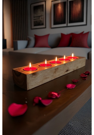Mumlar Dahil, Mumluk Dekoratif Masif Ahşap 5'li Tealight Mumluk El Yapımı, Bohem & İskandinav Tarz Ahşap Rengi