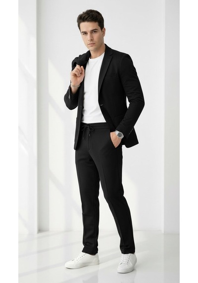Pike Kumaş Jogger Pantolonlu Erkek Takım Elbise Torba Cepli Tek Düğme Slim Fit Kombin Siyah