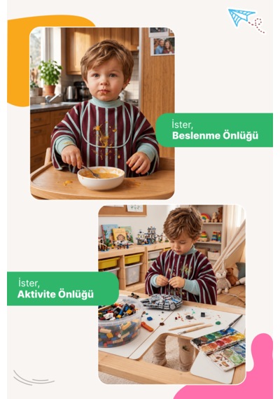 Reyo 6 Ay-6 Yaş Silinebilir Uzun Kollu Sıvı Geçirmez Bebek Mama Önlüğü, Aktivite Önlüğü - Çizgili