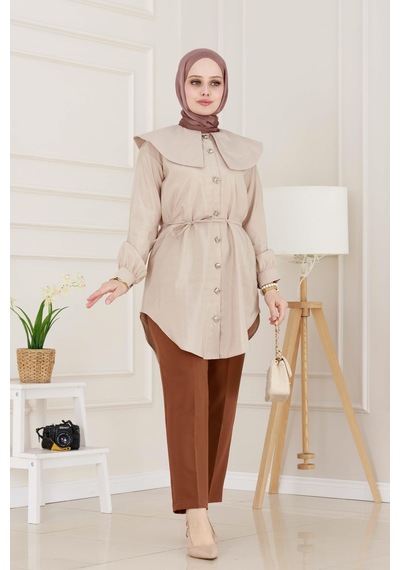 Sevitli Beli Bağcık Detaylı Geniş Yaka Tunik-vizon-4987 Vizon