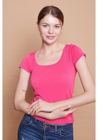 Jument Likralı Krep Kumaş Balen Yaka Büzgülü Body Bluz-fujya Fujya