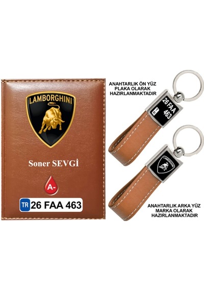 Plakanıza Özel Lamborghını Logolu Taba Ruhsat Kabı Ve Anahtarlık