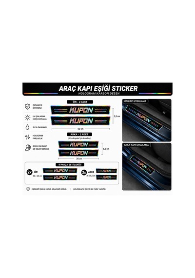 Opel Araç Kapı Eşiği Sticker 4 Parça Set Hologram Karbon Desen 2 Ön 2 Arka 50 Cm / 35 Cm