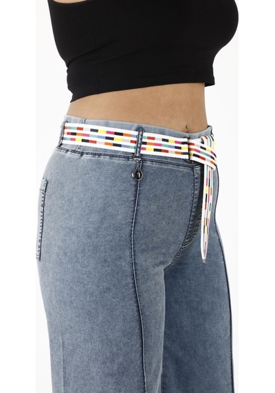 Zanessi Fashıon Büyük Beden Denim Kemerli Yüksek Bel Bol Paça Kadın Pantolon Lacivert