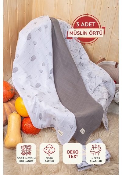 Luckka Dijital Baskılı 3'lü Müslin Örtü Seti - 75x75 Cm - Zt5000 Gri Gri