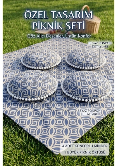 Piknik Örtüsü Seti 4 Lü Yuvarlak Ponponlu Minderli Desenli Bahçe Plaj Park Piknik Matı Su Geçirmez Çok Renkli Piknik Örtüsü Seti 4 Lü Yuvarlak Ponponlu Minderli Desenli Bahçe Plaj Park Piknik Matı Su Geçirmez Çok Renkli