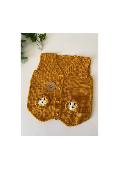 Adenya Sepeti El Örgüsü Aslan Figürlü Bebek Yeleği Handmade Hardal Detaylı