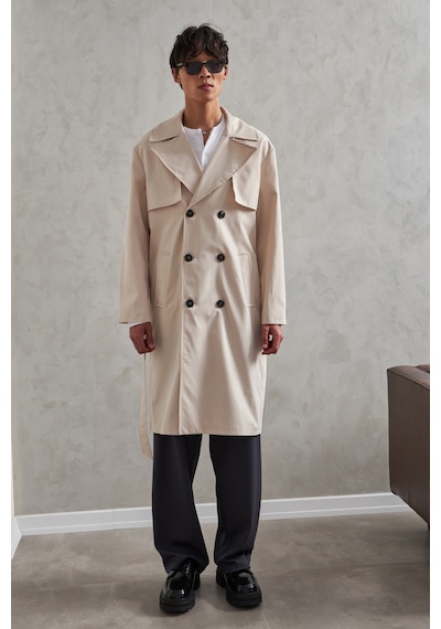 Erkek Kruvaze Yaka Oversize Trençkot Krem