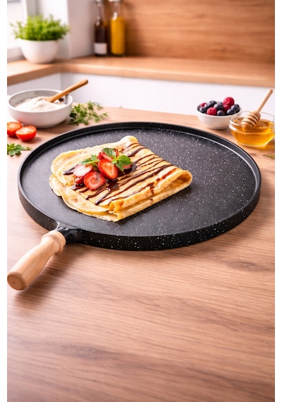 TerraStone 36 cm Granit Gözleme Bazlama Tavası – Yapışmaz Büyük Boy Saç Tava, Ahşap Saplı
