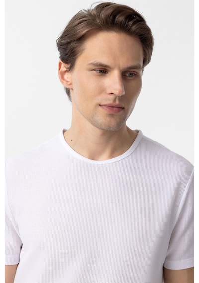 Süvari Beyaz Slim Fit Armürlü Bisiklet Yaka Tişört-37377 Beyaz