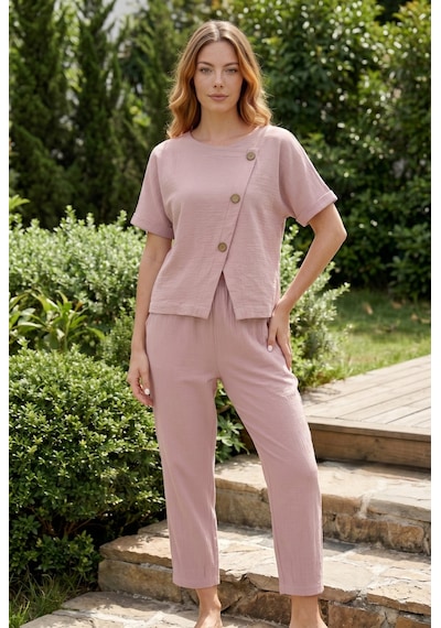 Soulshae Kadın Bürümcük Kısa Kollu Asimetrik Düğmeli Takım Pembe