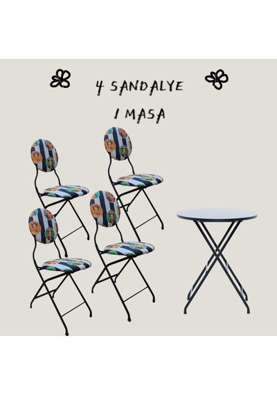 Frida Desenli Metal Bahçe Takımı - 4 Sandalye + 1 Masa