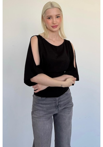 Madmext Siyah Belden Büzgülü Yarasa Kollu Açık Omuz Bluz Mg2672 Siyah