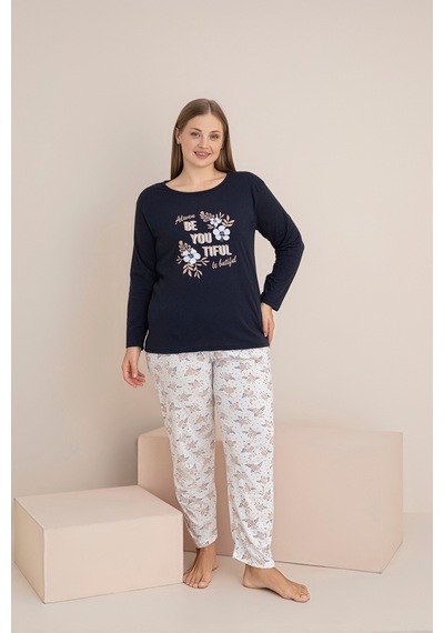 Rindahomewear Büyük Beden Süprem Uzun Kol Pijama Takımı Siyah