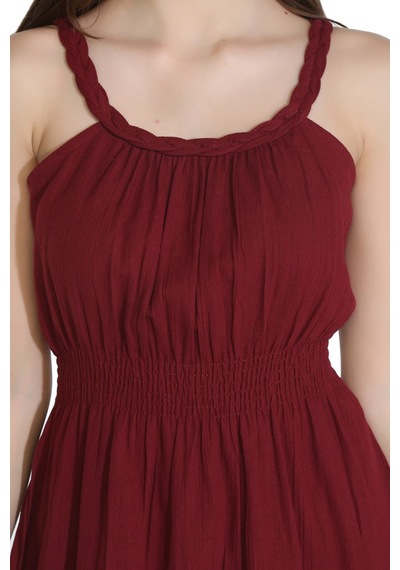 Eliş Şile Bezi Askılı Şile Bezi Örgülü Mini Elbise Bordo Brd Bordo