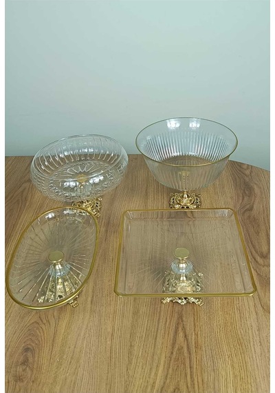 Elta Collection Gold Detaylı Metal Ayak 4 Parça Sunum Ve Servis Seti Gold