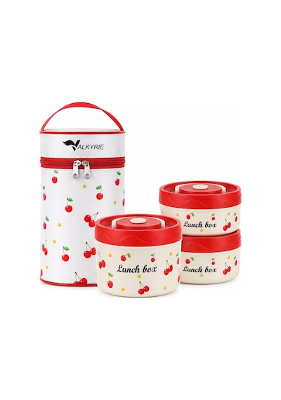 Valkyrie 3 Katlı Paslanmaz Çelik Kirazlı Yemek Termosu Lunch Box 1390 Ml Taşıma Çantalı Isı Yalıtımlı Kırmızı