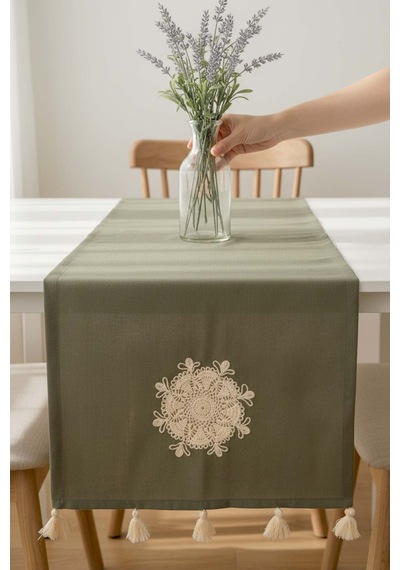 Haki Dantel Motifli Runner 50x130 Cm